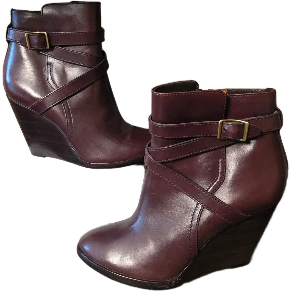 Frye Cece Strappy Wedge Booties Dark Brown Leather Ankle Boots 3478890-DBN 7M